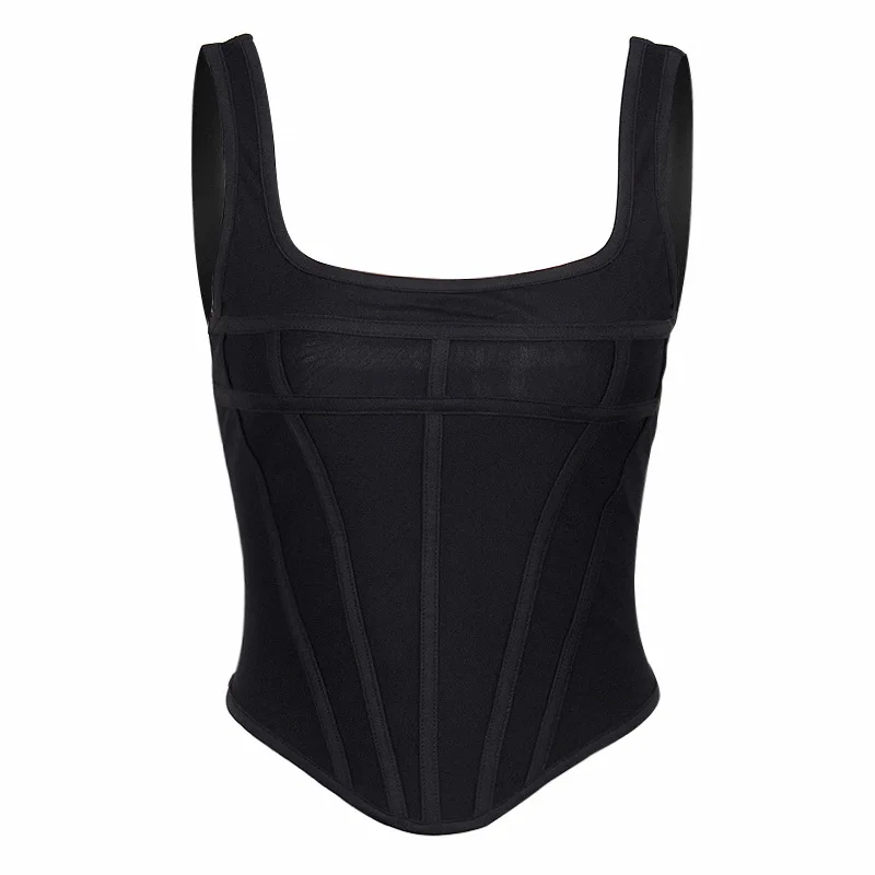 

2021 European and American summer popular women's sexy mesh splicing square neck open back perspective short suspender T-shirt