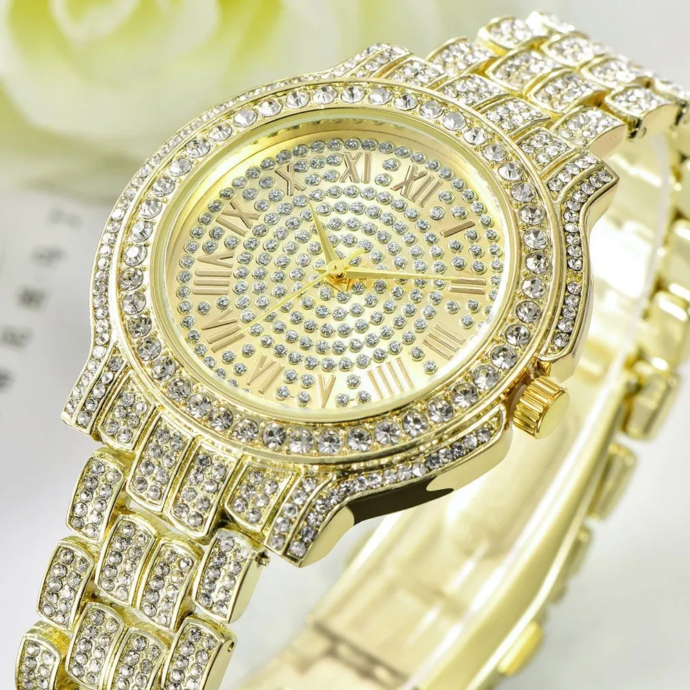 

Women Fashion Diamond Alloy Band Quartz Watch Lady Luxury Classic Round Dial Analog Clock Wrist Watch