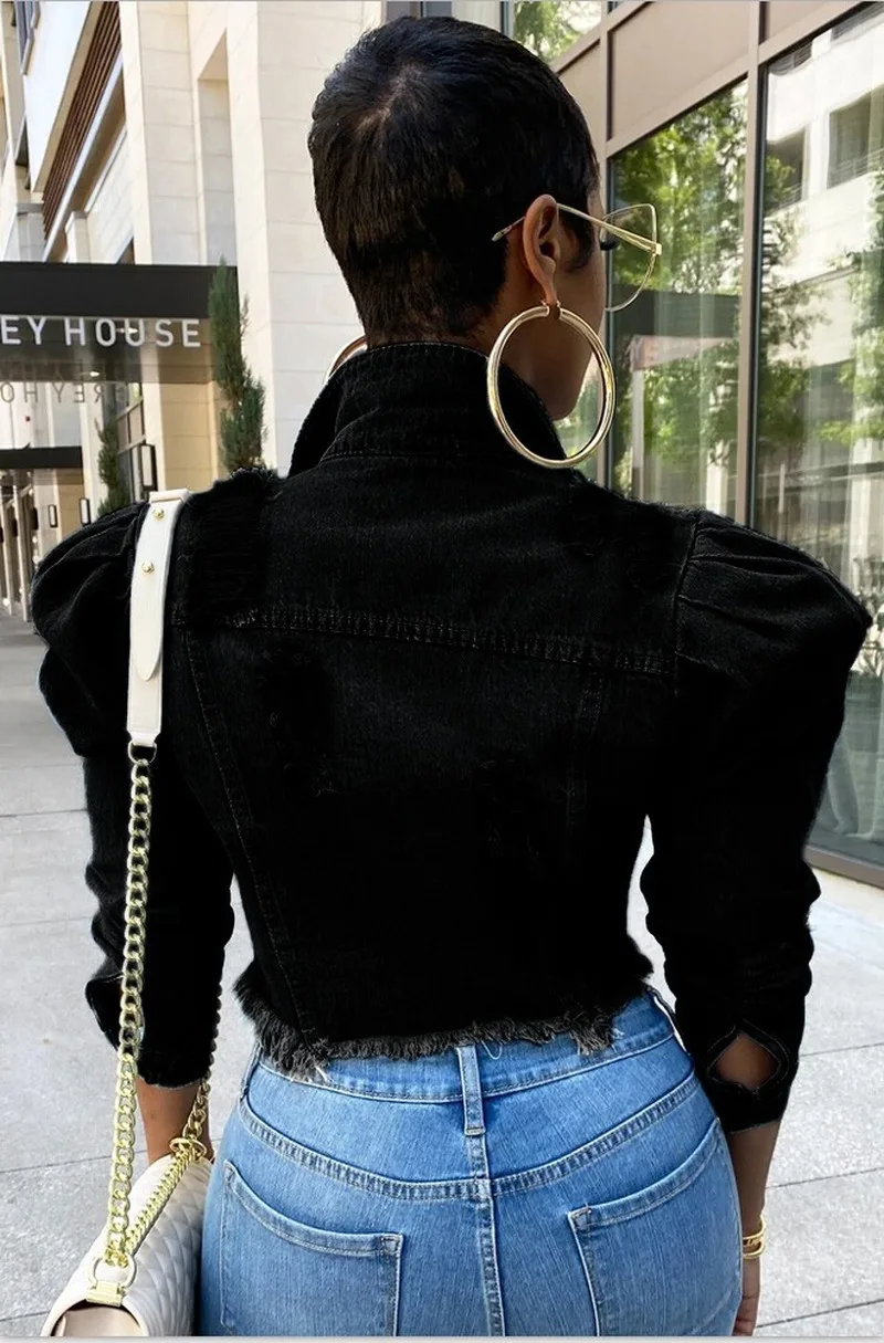 

Autumn Short Sexy Female Ripped Denim Jackets Bubble Sleeve Denim Jacket Casual Coats Long Sleeve Coat Streetwear Plus Size 5XL