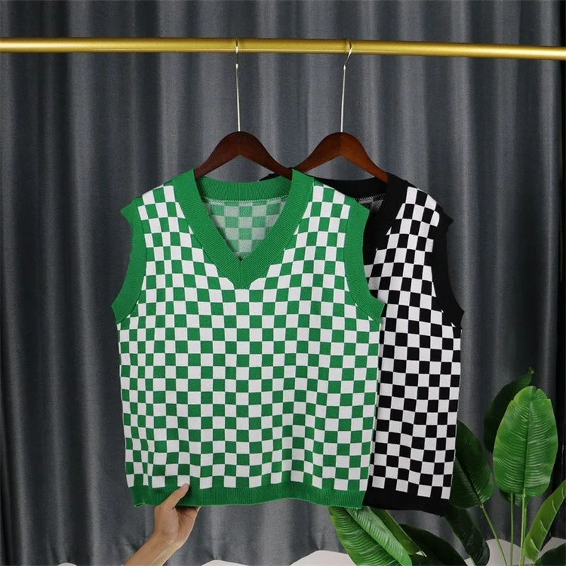 

Зеленый свитер, жилет, клетчатый женский вязаный жилет, женский черный вязаный жилет, модная осенне-зимняя одежда, женский свитер, жилет