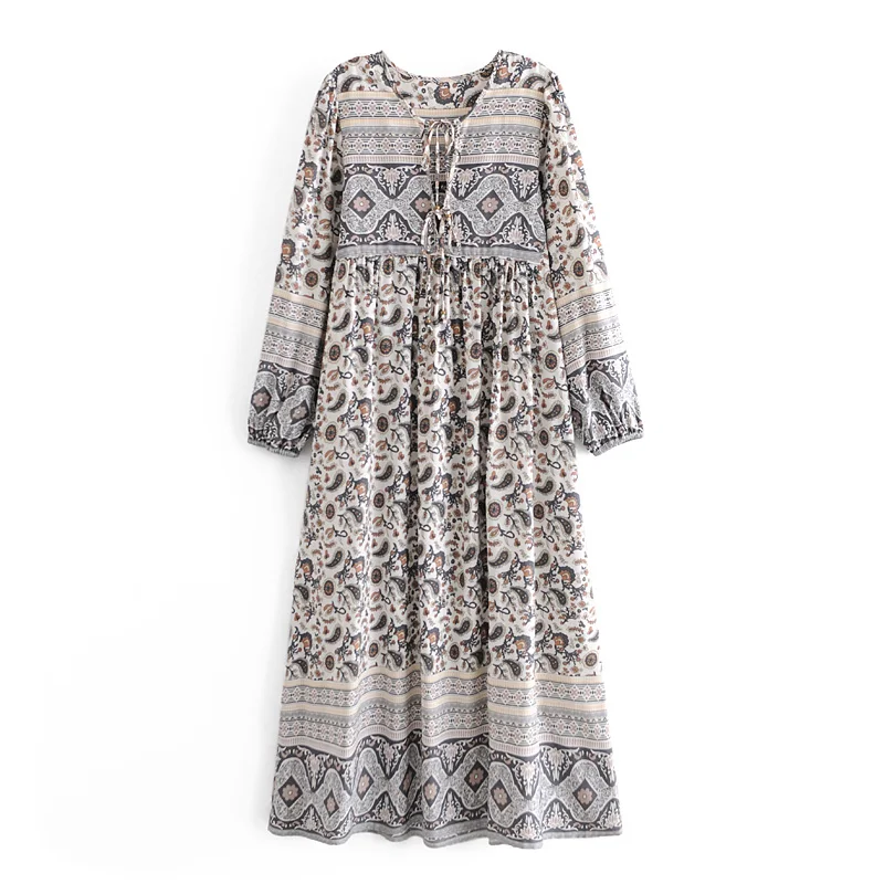 

ZA Women's New Positioning Print Dress Retro Loose Ethnic Wind Long Sleeve Temperament