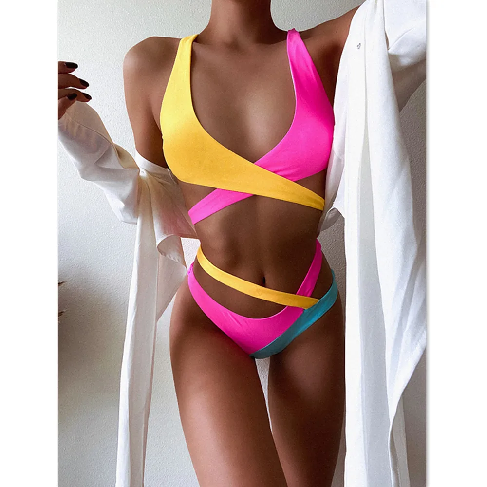 

Sexy Bikini 2021 Push Up Swimwear Women Contrast Color Swimsuit Female 2 Pieces Set Bandage Bathing Suits Summer Beach Wear