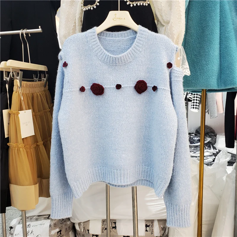 

Женский вязаный свитер с открытыми плечами, круглым вырезом и длинным рукавом