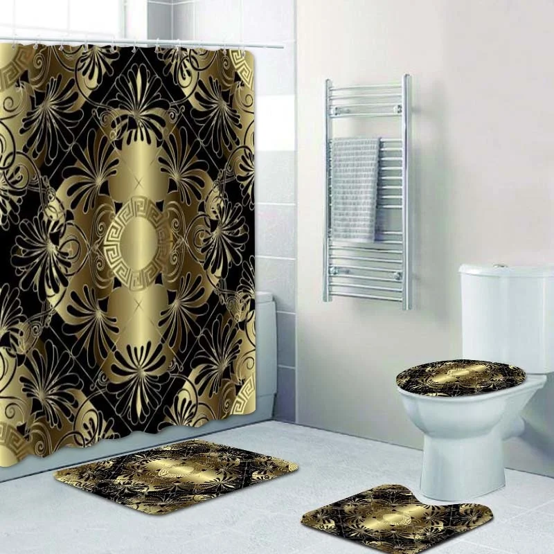 3d luxury black gold greek key meander baroque bathroom curtains shower curtain set for bathroom modern geometric bath rug decor free global shipping