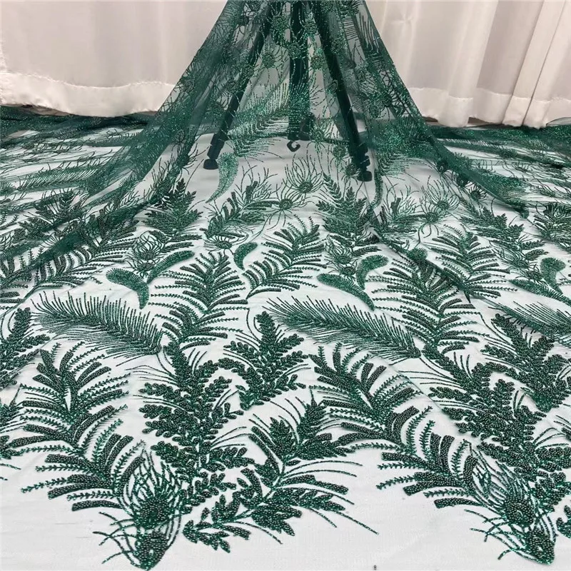 

2021 Nigerian Mesh Net Lace Fabric African Sequins Lace Fabric High Quality French Mesh Tulle Lace Fabric with Sequins green