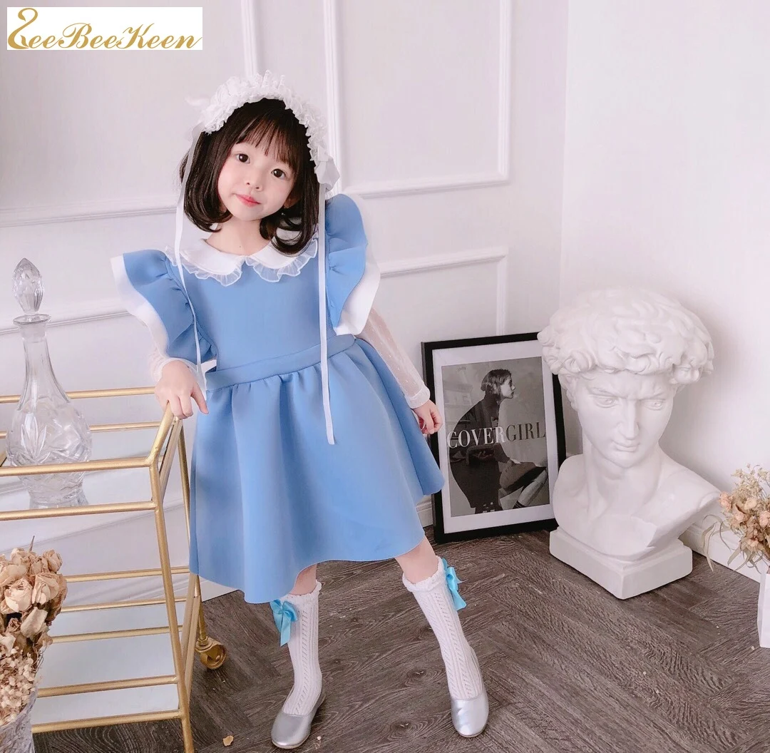 Милое Платье в стиле Лолиты для девочек голубое хлопковое платье Детское милое