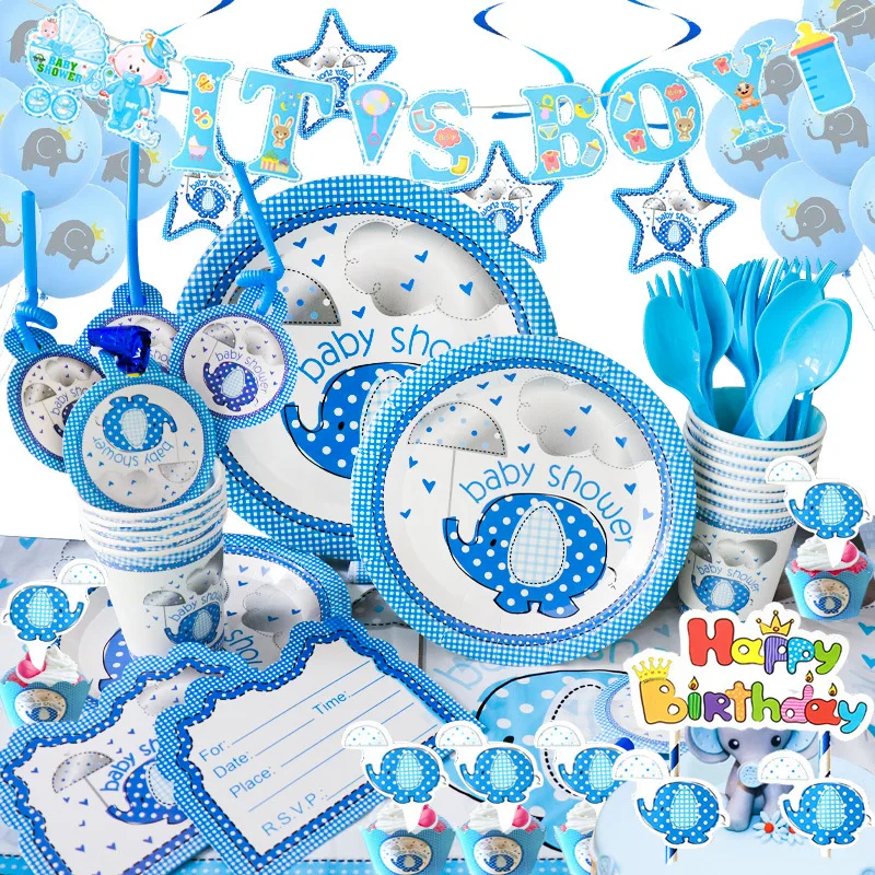 

Blue Elephant Gender Reveal Baby Shower Decorations Disposable Tableware Set Paper Dinner Plate Cup Baby Birthday Party Balloons