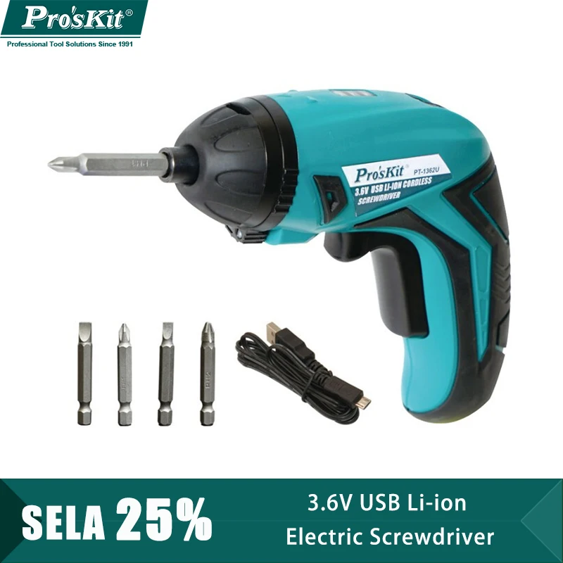 

Pro'sKit PT-1362U 3.6V USB Li-ion Electric Screwdriver Charging Power Tools Kit Household Cordless Drill LED Light