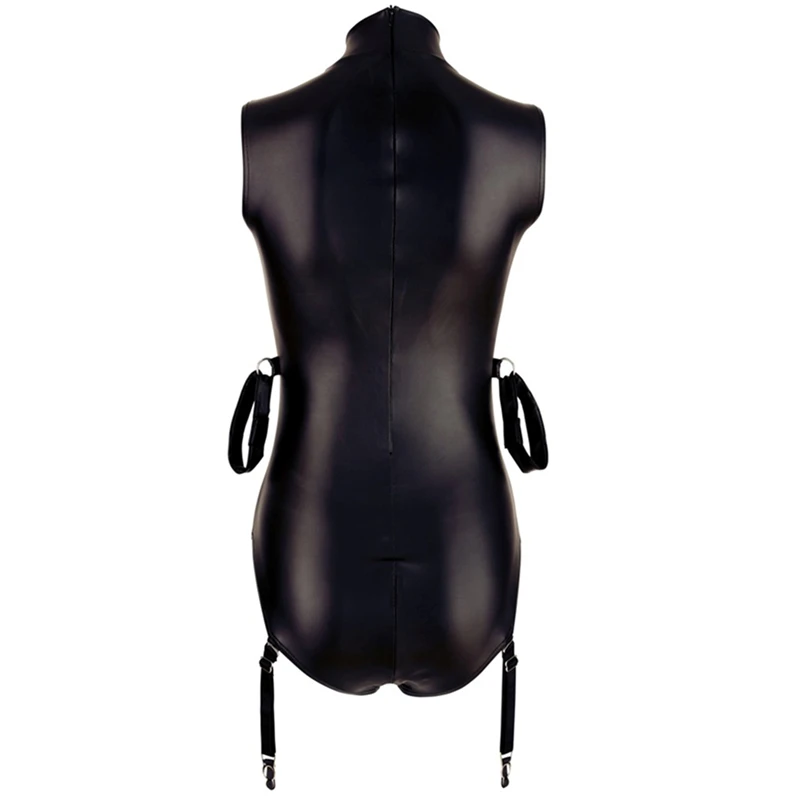 

Women Pu Leather Bodysuits Sleeveless Mock Neck Turtleneck Bodysuit With Zip Black Sexy Costumes Sexy Bodysuit