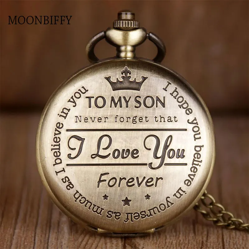

Bronze To MY SON Engraving Word Pocket Watches Men Roman Number Quartz Pocket Watches Unique Chain Boy Birthday Christmas Gifts
