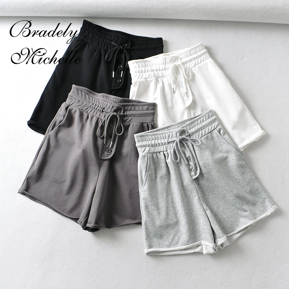 

BRADELY MICHELLE Summer New Arrival Women Solid Color Casual Knitted Shirring Thin High Waist Elastic Loose Shorts