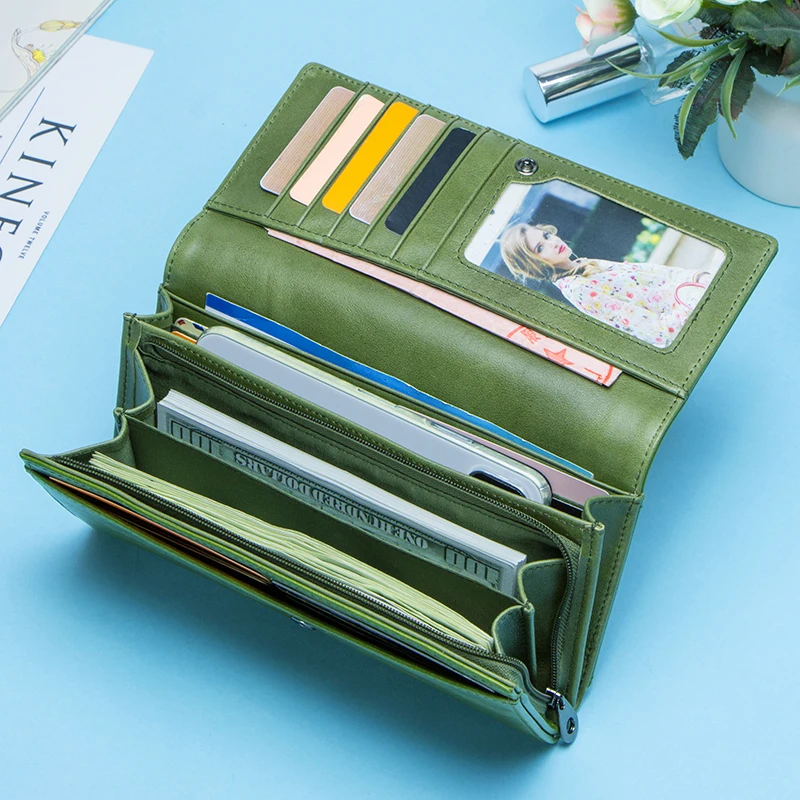 Contact's Fashion Women Wallets With Card Holder Genuine Leather Long Clutch Brand Design Female Coin Purses Cell Phone Pocket