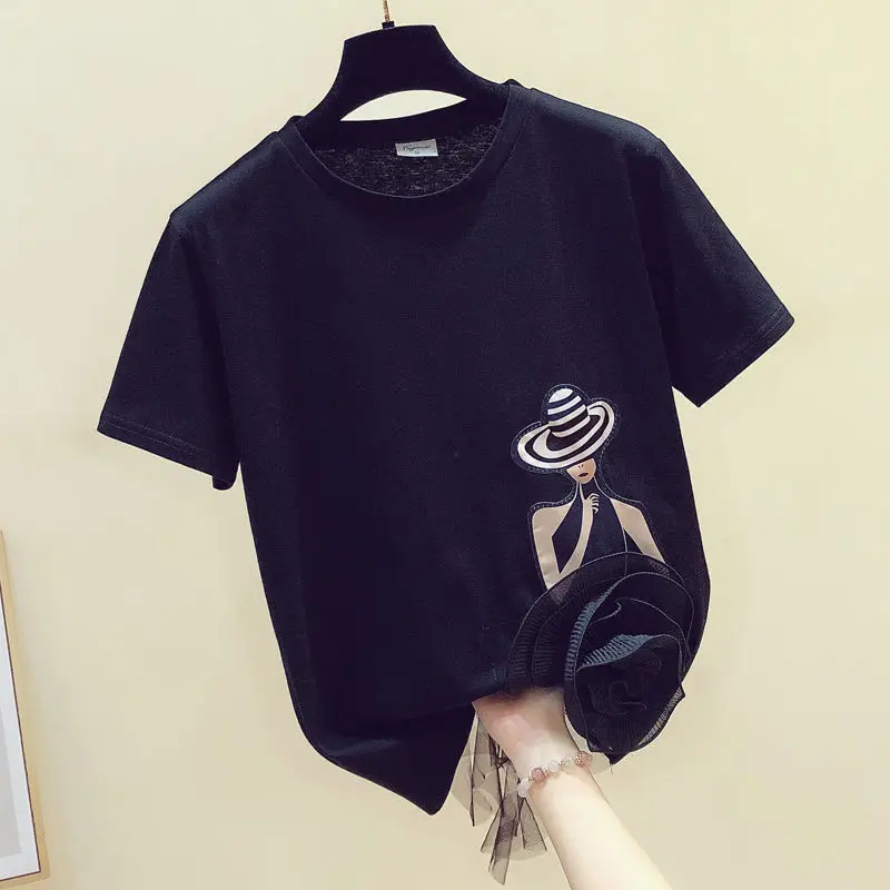 

2020 Summer New Korean Women T Shirts Short Sleeve O-neck Cotton Tee Tops 3D Mesh Cartoon Appliques Causal T Shirt Femme