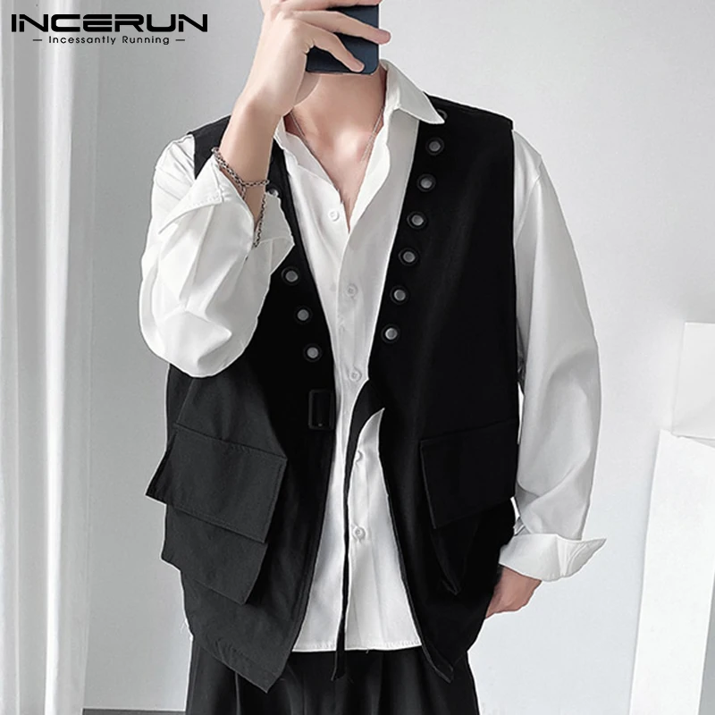

2022 Fashion Men Vests Solid Color Button Sleeveless Streetwear V Neck Waistcoats Men Pockets Korean Casual Coats S-5XL INCERUN