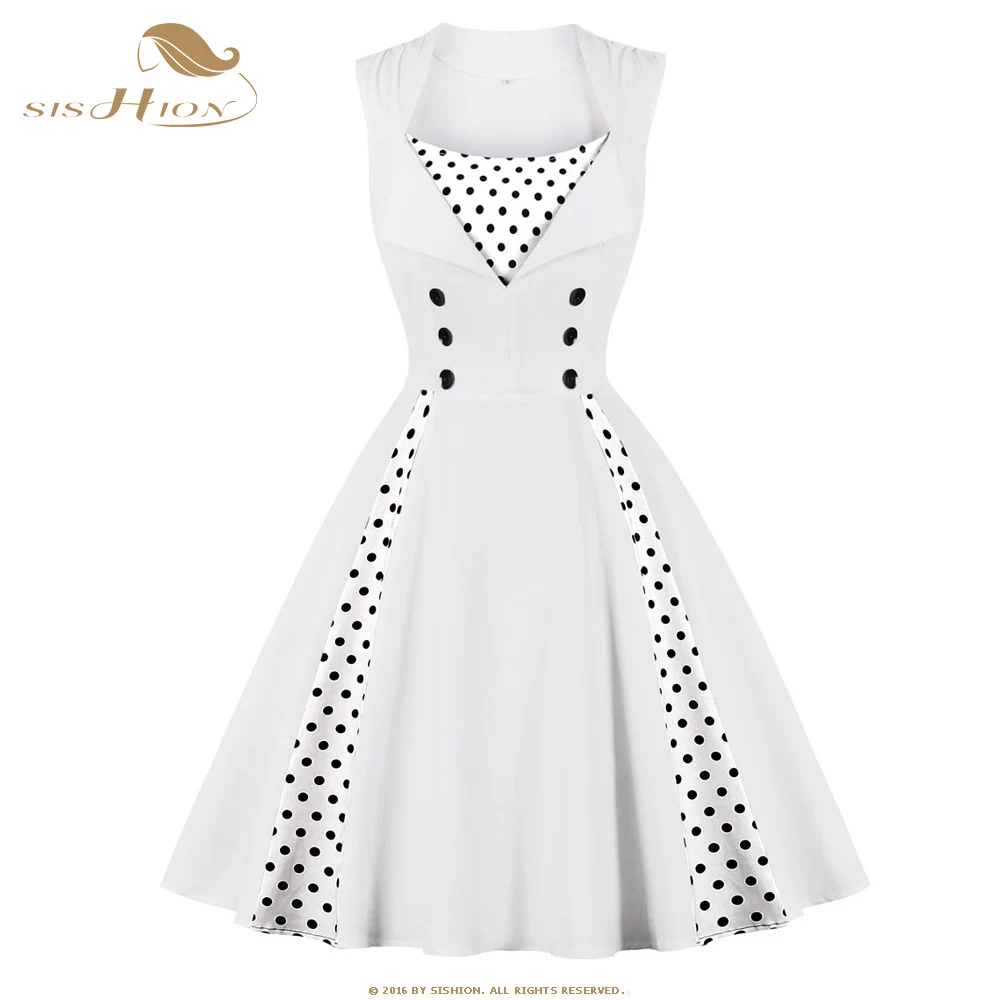 

Autumn Sleeveless White Polk Dot Patchwork Women Dress SP1215 50s 60s Rockabilly Pin up Cotton Dresses