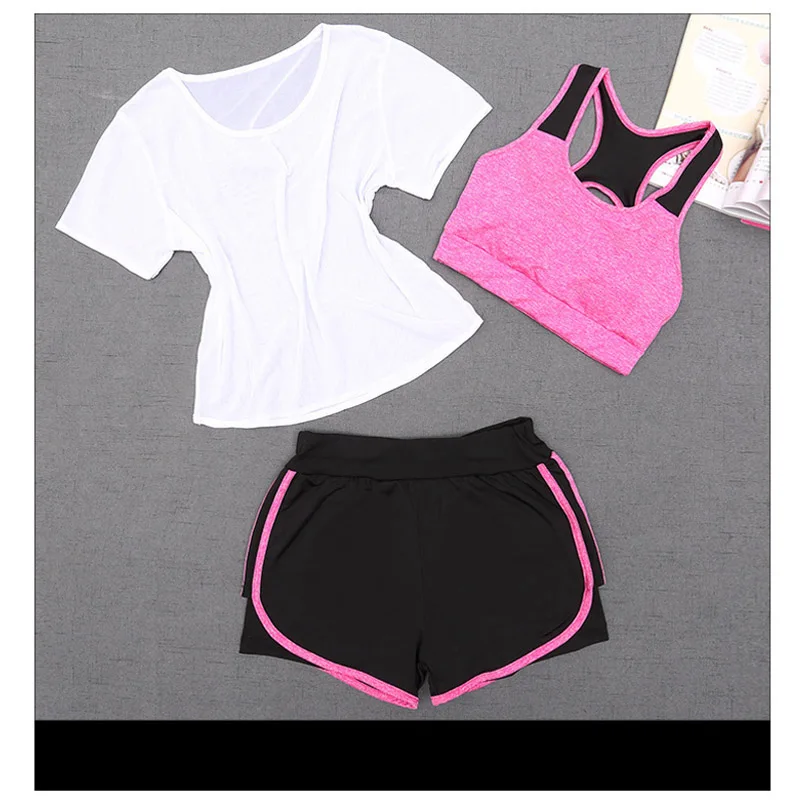 Sports wear for women 3 piece Solid color Yoga Set Women Running outdoor Workout T-shirt Leggings Suit gym clothing S-XXL | Спорт и