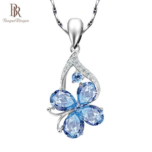 Женское ожерелье из серебра 925 пробы с подвеской в виде клевера, подвеска в форме капли воды, подвеска из аквамарина, цепочка до ключиц с бабочкой