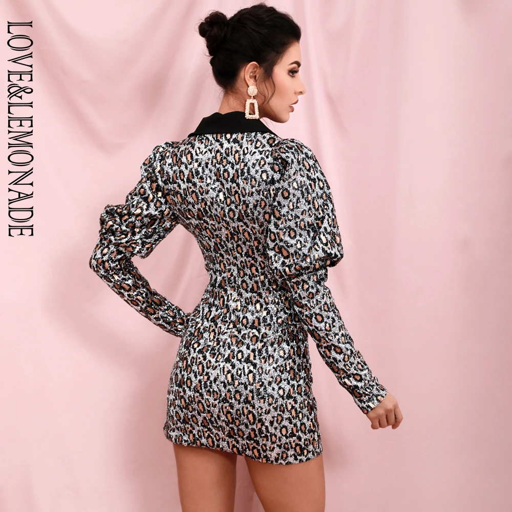 

LOVE & LEMONADE Sexy V-Lapel Leopard Sequin Bubble Long Sleeve Bodycon Blazer Dress LM82279