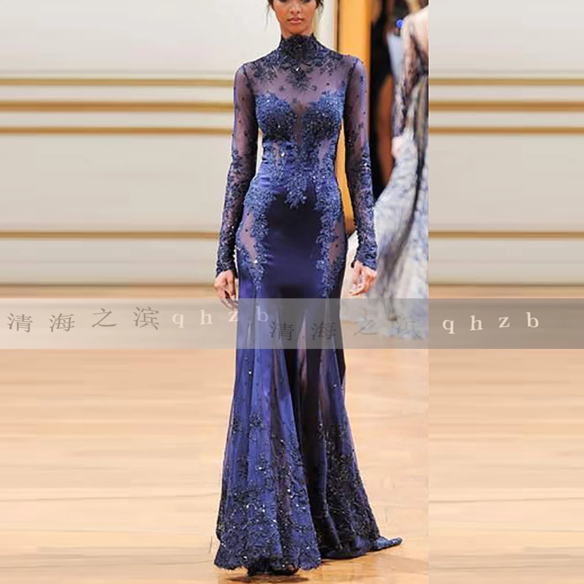 

Женское атласное платье с юбкой годе, темно-синее длинное вечернее платье до пола с высоким воротником, платье для выпускного вечера, 239