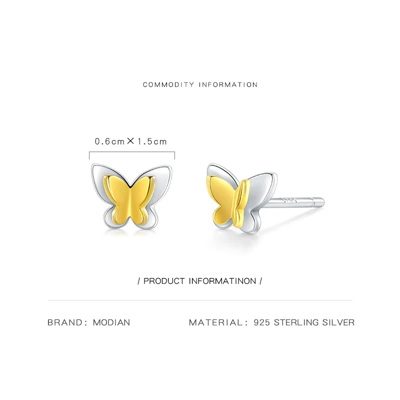 Modian Модные бабочки серьги стержня Твердые 925 стерлингового серебра для женщин
