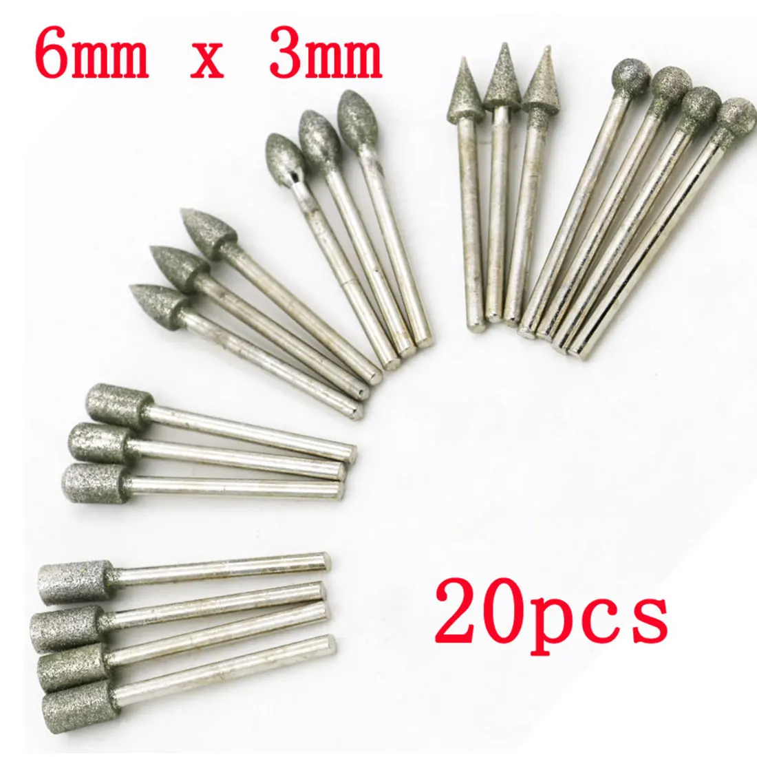 

Diamond Grinding Head Burr Drill Bits Sets 20pcs 3mm Shank For Dremel Rotary Tools 120Grit for Glass/ Jade/ Gem/ Stone
