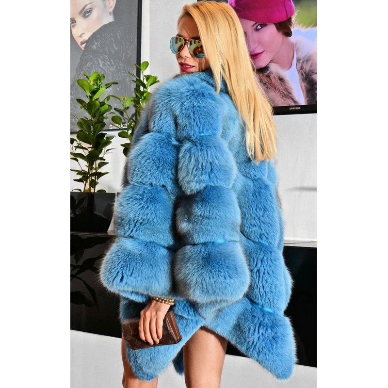 2022 Fashion Blue Real Fox Fur Cape For Women Winter Whole skin Genuine Fox Fur Capes And Poncho Stand Collar Outwear Luxury