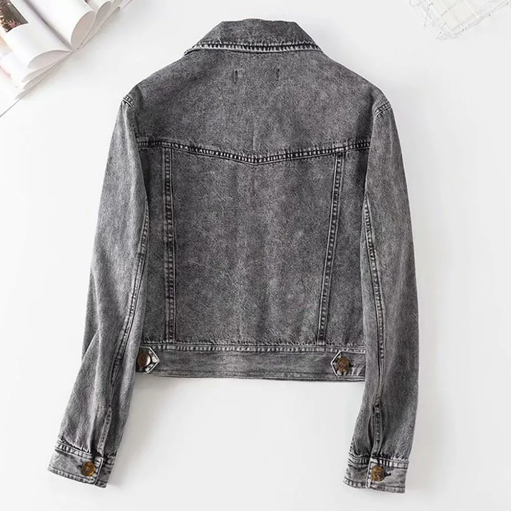 

Washed denim jacket coat loose and versatile women's wear spring and autumn new double pocket coat for women
