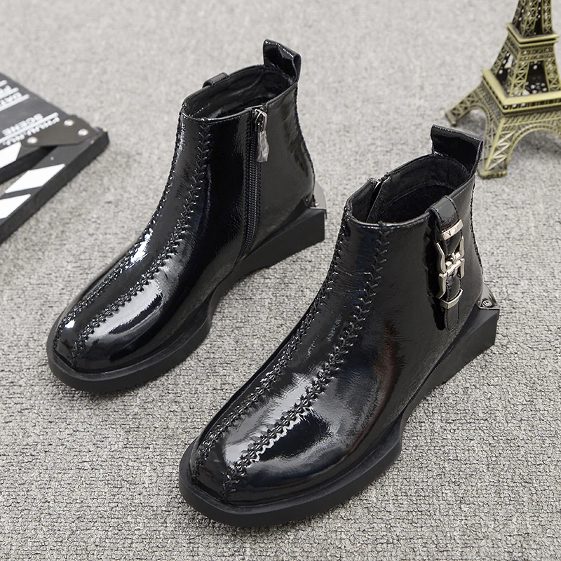 

2020 Autumn Winter New Women's Shoes Patent Leather Flat Retro Short Ankle Boots Fashion All Match Thick Heel Female Black Boots