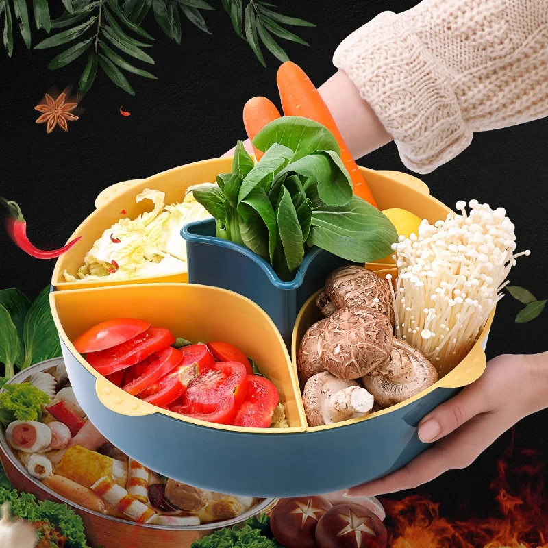 

Hot Pot Drain Basket Rotating Kitchen Multi-Functional Vegetable Fruit Drain Basket Rotary Food Tray Household Platter