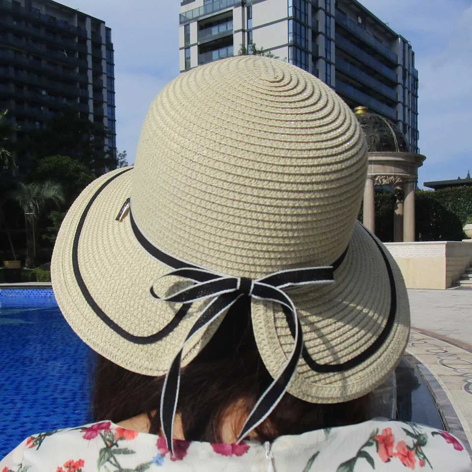 Женская летняя соломенная шляпа с широкими полями черная пляжная бантом и лентой
