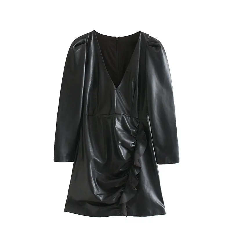 Мини платье женское вечернее из искусственной кожи плиссированные черные