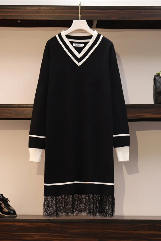 

Patchwork Lace Sweater Dresses Women's Long Sleeve V Neck Mini Straight Ladies High Street Autumn Knitting Dresses Plus Size