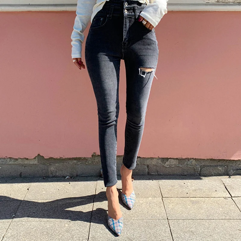 

Wenfly Women High Waist Button Skinny Jeans Streetwear Ripped Holes Pencil Casual Korean Female Denim Long Pants