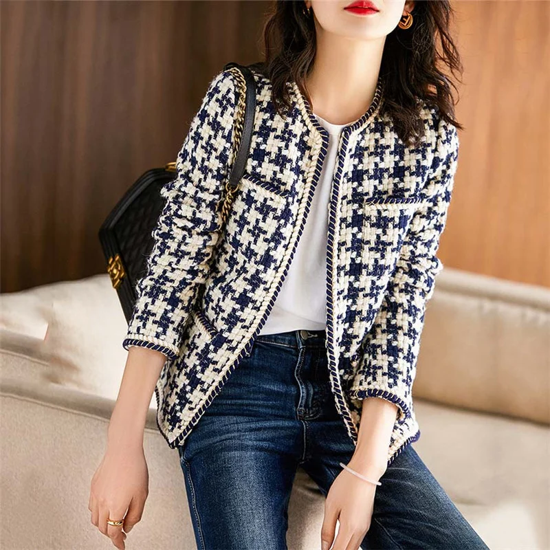 

Plaid Tweed Jackets Women O-Neck Long Sleeve Office Lady Wool Coats Autumn Winter Outwear Vintage Korean Elegant Plus Size