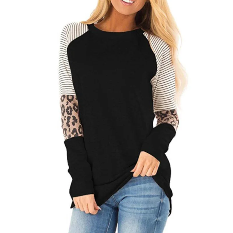 

Autumn Tshirt Casual Leopard O-Neck Stripe Creativity Loose T-Shirts Women Long Sleeve Regular Top Casual Streetwear Elegant