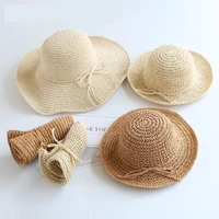2020 new girls hand made sun hat kids summer raffia straw hat big brim beach cap foldable breathable summer parent child hat