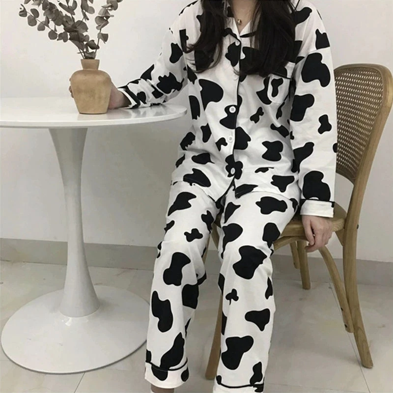 Cotton Home Suits Korean Sleepwear Cow Print Pajamas for Women Autumn Pijama Pyjamas Long Sleeve 2 Piece Set Pjs  Cute Nightwear