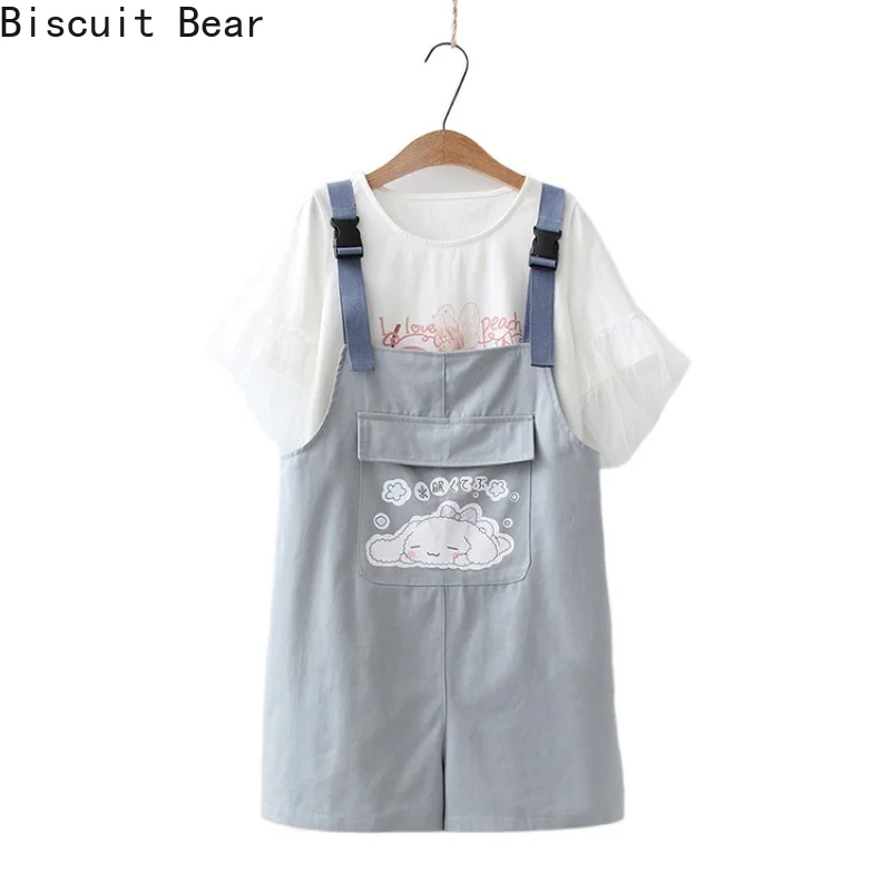 

Women Summer Clothing 2021 Shorts Sets Cartoon Print Short Sleeve Cotton T Shirts And Hight Waist Overalls Casual 2 Piece Set