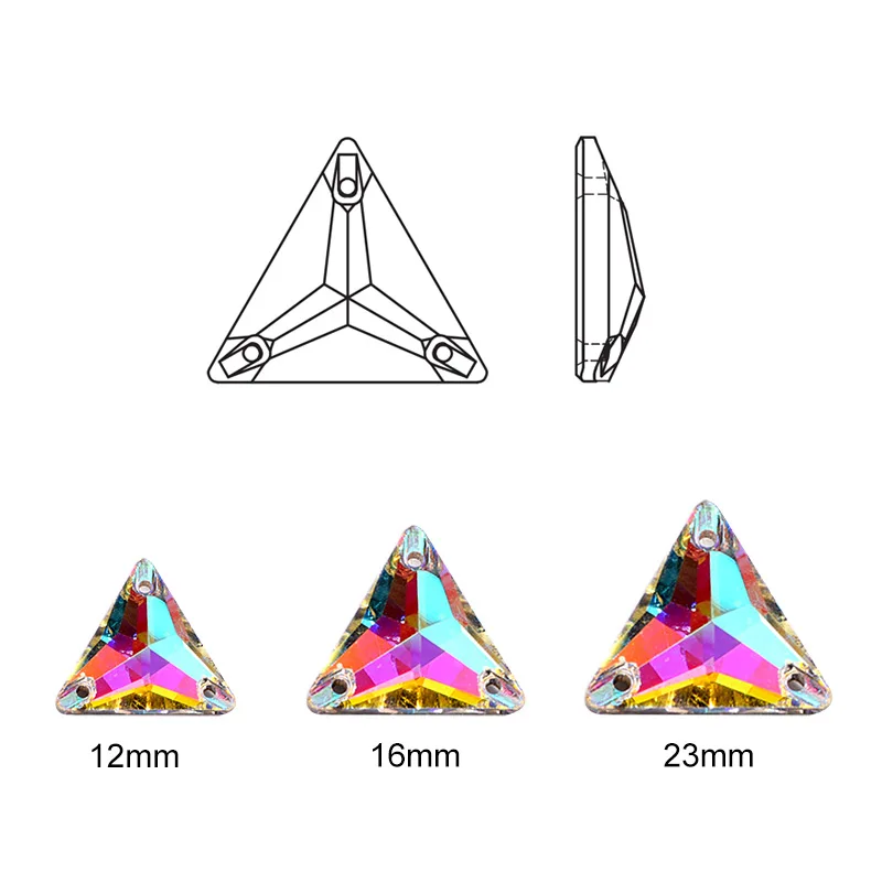 Кристаллы AB от 12 мм до 23 три угла формы пришивные стразы с 2 отверстиями плоские