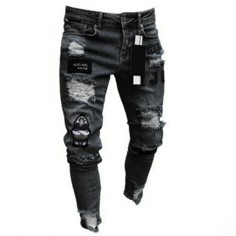 

Men Jeans Distressed Ripped Mens Street Wear Hip Hop Appliques Pencil Pants Solid White Full Lenght Denim Pant Male Trousers