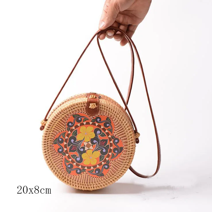 flower R 20X8cm Солнечный пляж, ручные тканые сумки, круглая сумка с пряжкой, Ротанговые соломенные сумки, ранец, богемная пляжная круглая сумка - Цвет: flower R 20X8cm