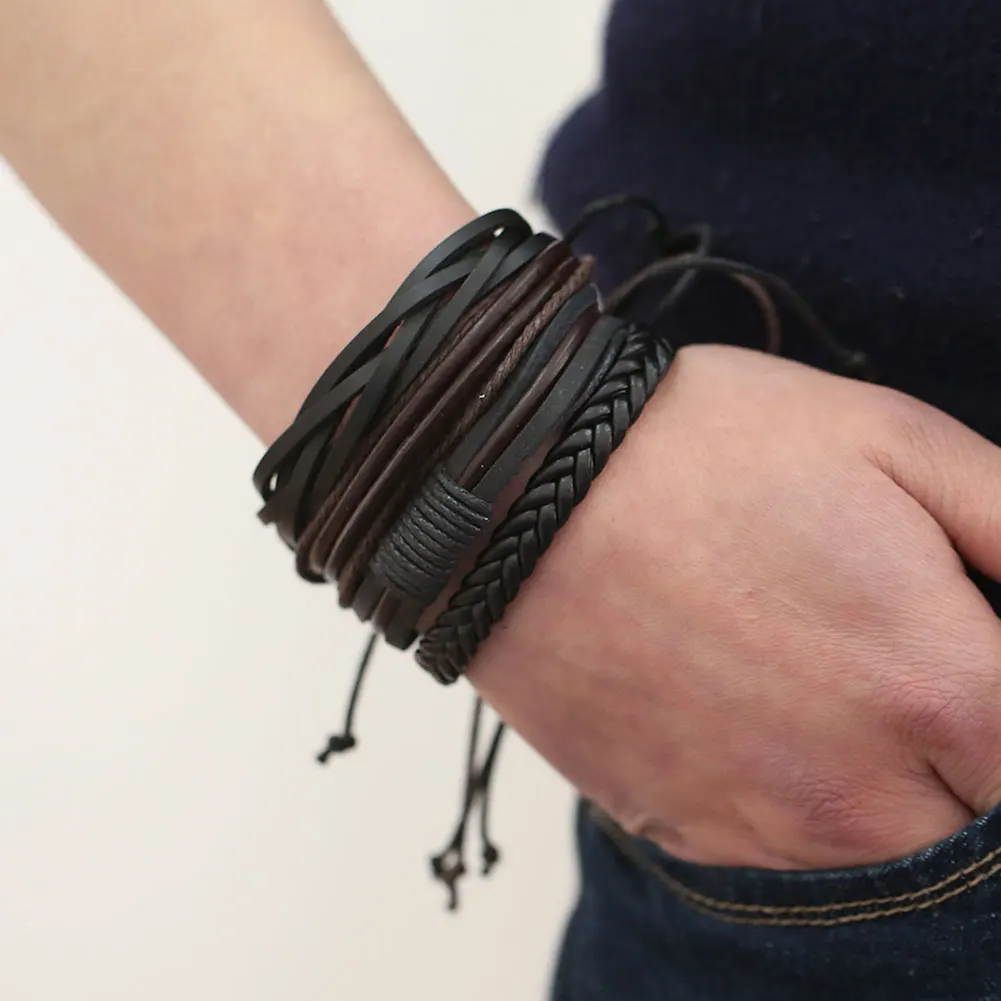 

2021 New Trendy Retro Chain Men Bracelet Adustable Cowhide Multilevel Handmade Woven Men Women Jewelry Gift