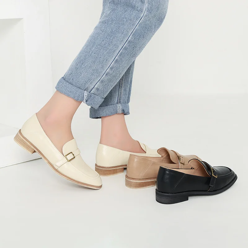 British Leather Shoes for Women Hot Slip on Wood Heels Loafers Square Toe Buckle Band Flats Woman Preppy Girls Oxfords