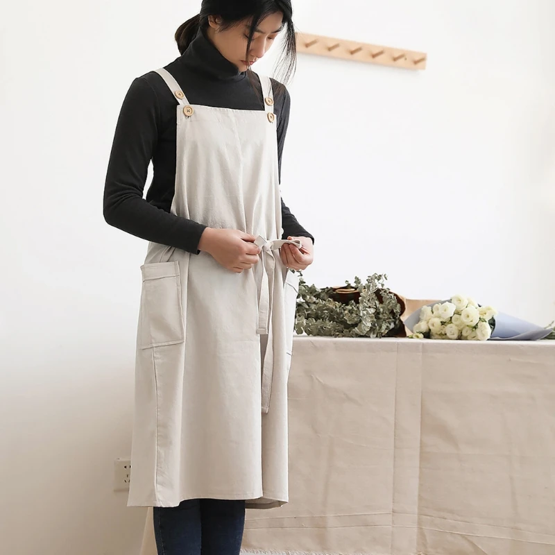 

Korean Style Cotton Linen Apron Dress Adjustable Buttons Kitchen Cooking Aprons