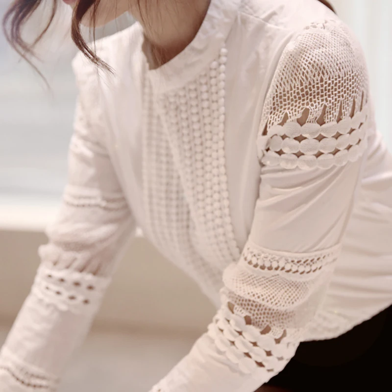 Блузка женская с длинным рукавом элегантная белая кружевная блузка цветочным