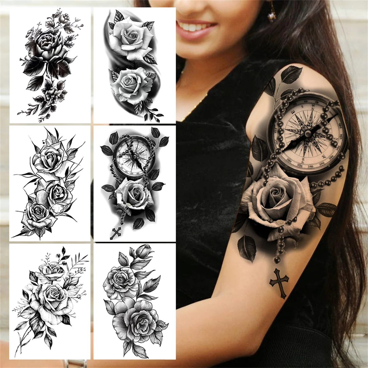 

Flower Compass Temporary Tattoo For Women Girls Adult Rose Peony Tattoos Sticker Fake Black Floral Body Art Thigh Tatoos Paper