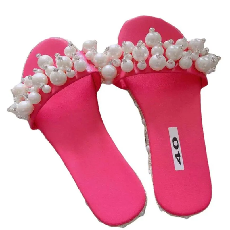 

2021 Pearl Slippers Women Summer Sandals 2021 Fashion Bling Female Candy Color Beach Diamond Slippers Flat Shoes Outdoor Sandals