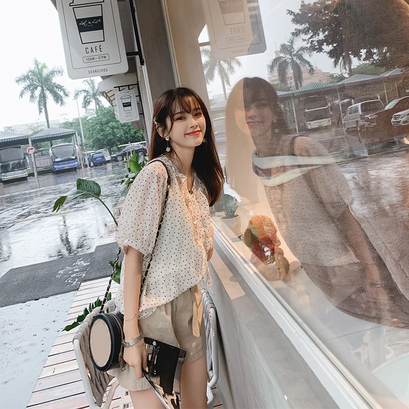 Женская блузка Mishow летняя повседневная шифоновая с воланами в горошек рукавом