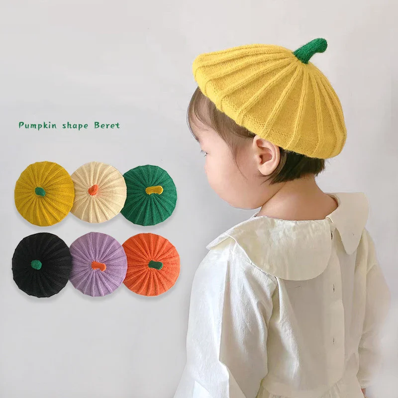 

Autumn Winter Kids Pumpkin Knitted Beret Baby Painter Hat Cute Bernat French Artist Warm Wool Beanies for Girls Korea Fashion