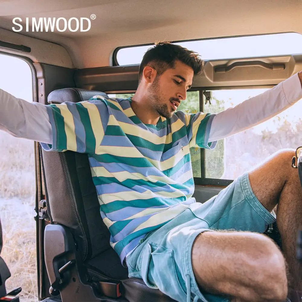 SIMWOOD 2021 летняя новая цветная полосатая футболка мужская мода 100% хлопок Бретон топ
